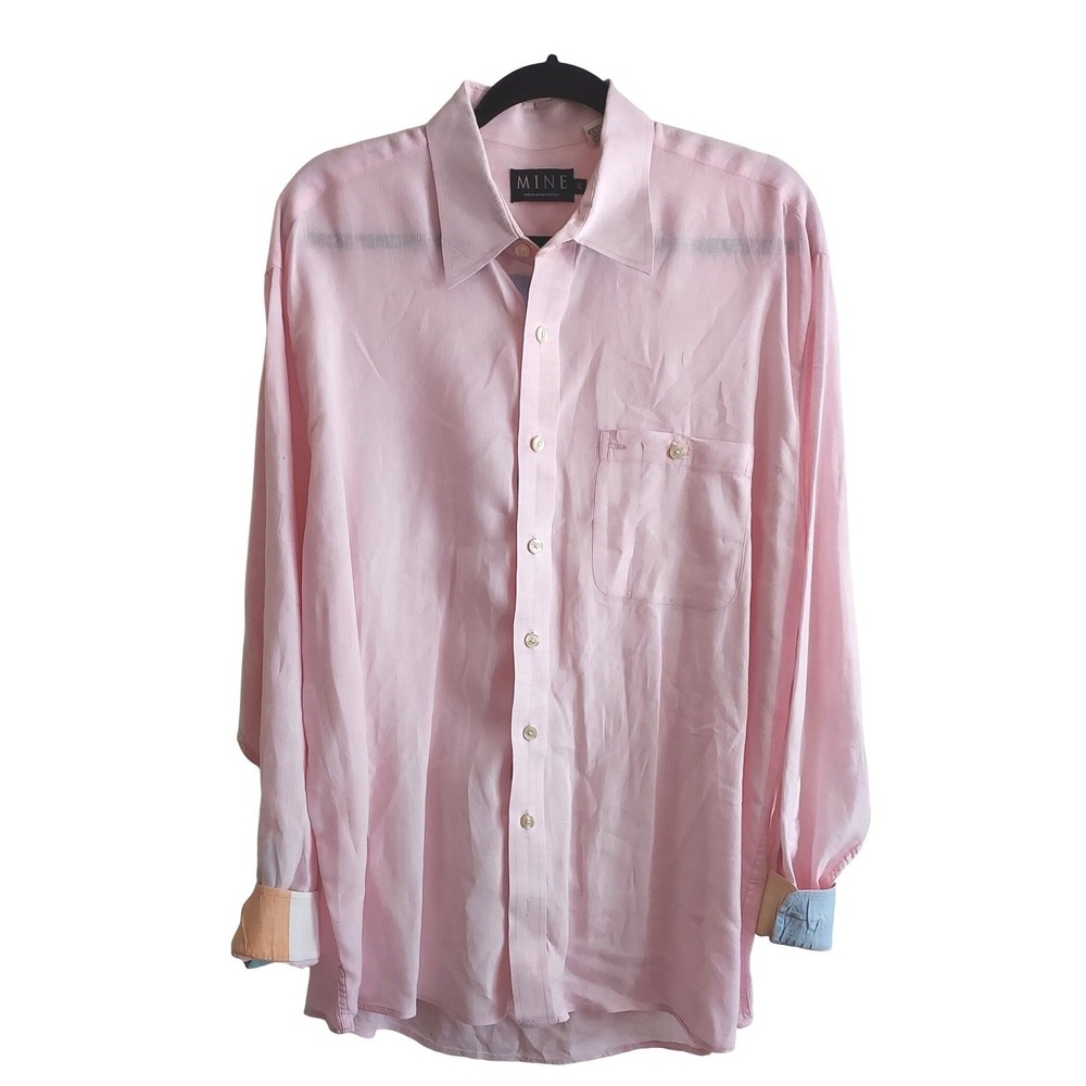 MINE Linen Button Down Shirt Mens XL Pink Colorblock Cuffs Long Sleeve Linen